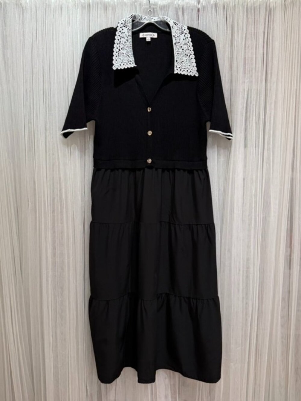 Nanette Lepore Black Tiered Midi Dress Crochet Lace Collar Rib Knit XL Wednesday
